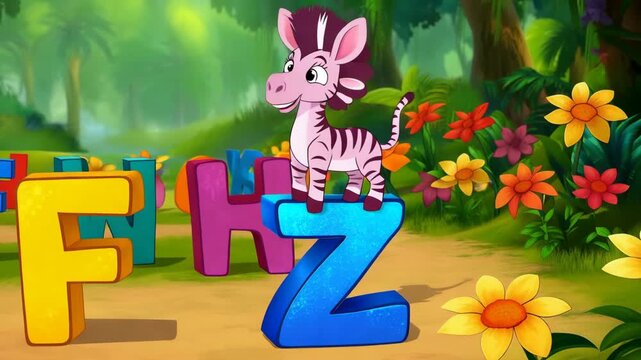Animated zebra on letter z in a colorful jungle scene for childrens educational content