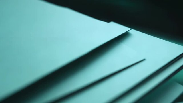 Stacked teal paper sheets creating a minimalist abstract background of layered textures and soft gradients, evoking organization, business documents, and clean office design