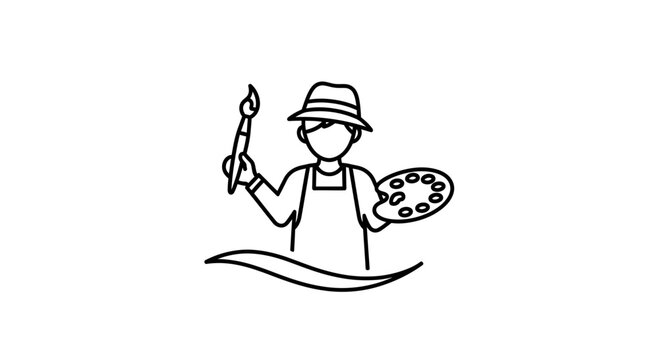 Artist with Hat and Apron Holding Paintbrush and Palette, Creative Hobby Icon