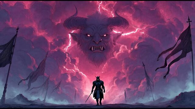 Anime-style illustration of a warrior facing a giant demon in a stormy landscape