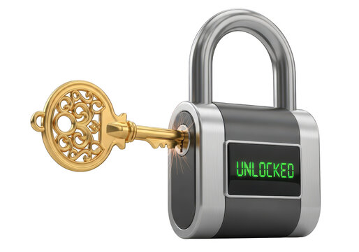 Unlocked padlock with a golden key isolated on transparent background