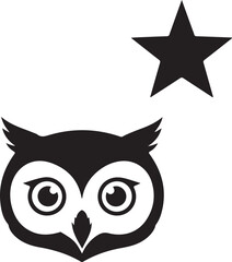 A black and white image of an owl's head with a star Vector, illustration