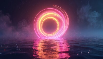 Fototapeta premium Swirling pink and yellow light portal hovers over dark water at night. Reflections of neon glow shimmer on rippling ocean waves under starry sky. Abstract portal leads to another dimension.