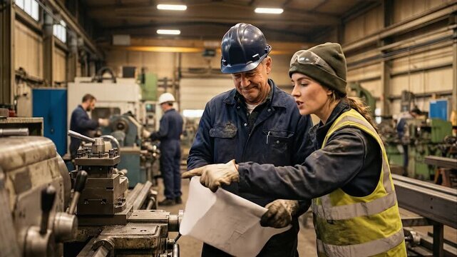An experienced worker and female apprentice review a blueprint in a factory. They are focused and collaborative. Ideal for industrial training, teamwork, and career development themes.