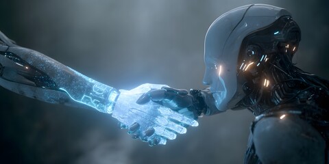 Fototapeta premium Highly detailed futuristic robot and human handshake with glowing LED arm and sleek helmet in digital sci-fi setting
