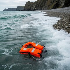Bright orange lifejacket adrift in turbulent sea near pebbled coast with cliffs and cloudy sky