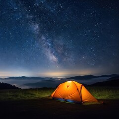 Bright Orange Tent Under a Starry Milky Way Galaxy in a Mountainous Landscape