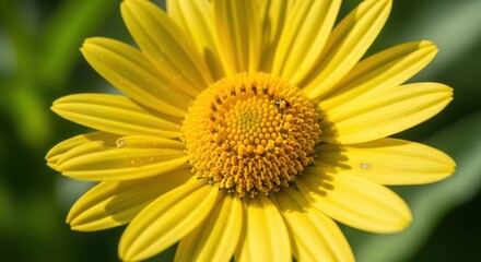 Detailed macro view of a vibrant yellow daisy with a tiny insect on its center, showcasing nature's intricate beauty.
