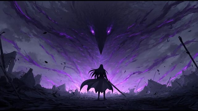 Anime-style illustration of a warrior standing in a dark, purple-lit landscape with a sword.