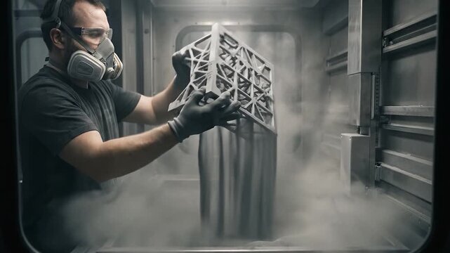 An engineer in protective gear removes a metal lattice part from a 3D printer powder bed. Industrial tech manufacturing process. Ideal for technology and additive manufacturing content.