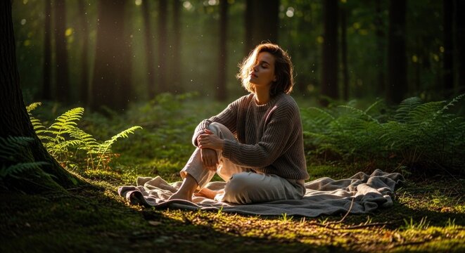 A stylish young person sitting on a soft blanket in a lush green forest, warm sunlight filtering through tall trees, aesthetic neutral-toned outfit, calm and peaceful mood, natural colors, shallow dep