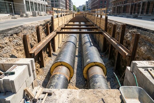 Underground district heating pipes in a construction trench for urban infrastructure