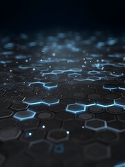 Obraz premium Futuristic digital technology concept with glowing hexagonal patterns and illuminated nodes on a dark background