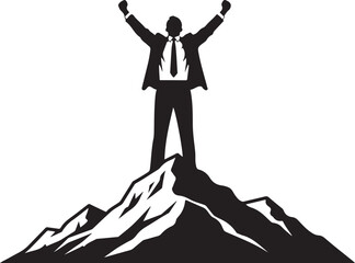 A man in a business suit stands triumphantly on a mountain peak Vector, illustration