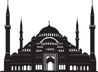 A black silhouette of a large mosque with minarets Vector, illustration
