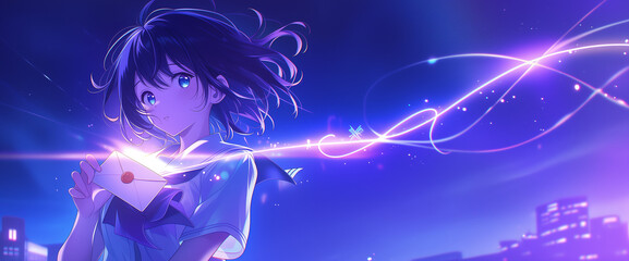 Anime School Girl Holding a Letter with Glowing Digital Light Trails at Night City、光の軌跡と夜景の中で手紙を持つセーラー服の少女アニメ 未来と想いをつなぐ幻想的シーン