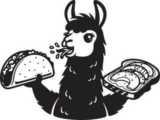 A cartoon llama eating a taco and holding a tray of food Vector, illustration