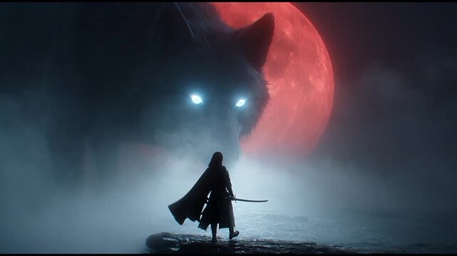 Anime-style warrior stands before a giant wolf and red moon in a mystical, foggy landscape.