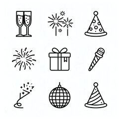 Party Essentials: A collection of festive icons, including champagne flutes, fireworks, party hats, a gift, a microphone, confetti, a disco ball, and more, celebrating the joy of celebrations