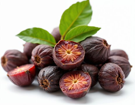 Heap of dried cascara cherries with leaves isolated on white. Some fruits are cut showing inner texture. These dried coffee cherries are natural food ingredient.