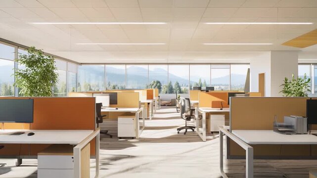 Clean and functional open plan office space providing a comfortable work environment, featuring ergonomic cubicles, abundant natural light, and green plants