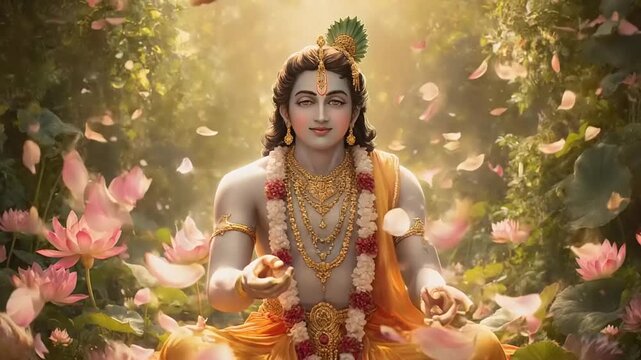 Lord Krishna Meditating Amidst Blooming Lotuses in a Mystical Garden Setting