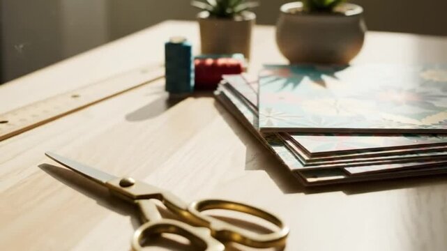 Pattern papers and scissors on work desk