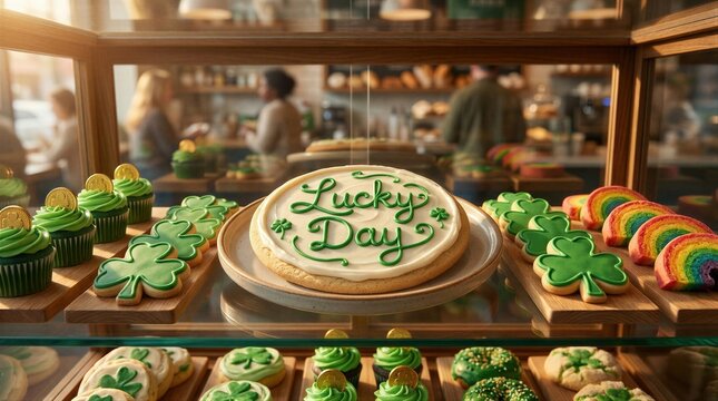 Lucky Day cookie cake for St Patrick Day celebration. Shamrock and rainbow baked goods in bakery display case. Holiday treats.