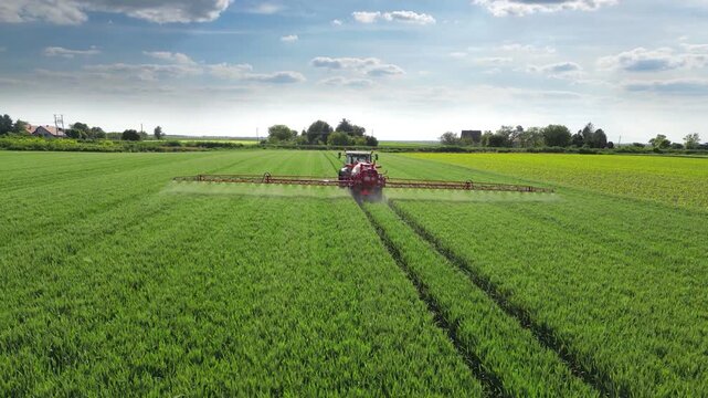Aerial view of crop sprayer spraying pesticide on a wheat field. Spring day landscape. Drone shot flying over agricultural wheat field. Spraying to protect the crop from diseases and pests