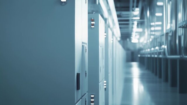 Server racks with various hardware components lining a long corridor inside a modern data center, emphasizing high performance computing, cloud infrastructure, and extensive data storage