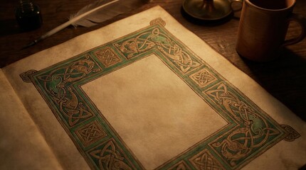 Ancient illuminated manuscript with Celtic knot border and space for lettering. Historical art and craft for Saint Patrick Day, mythology.