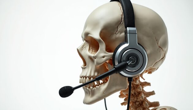 Human skull wearing headphones with microphone, end of communication, support. Represents death of customer service, loss of connection, failed assistance. Stark warning about service decline.