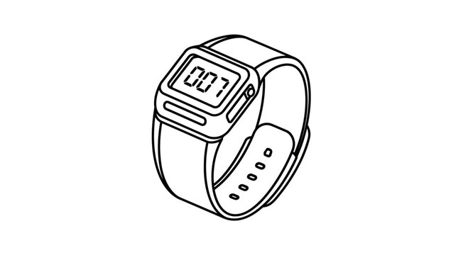 Retro Digital Watch with "007" Display, Minimalist Line Art