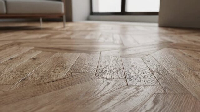 Medium shot of multilayer engineered wood flooring pressed with herringbone pattern showcasing intricate craftsmanship and elegant geometric design in a modern interior setting.