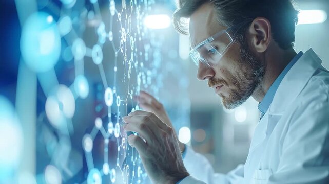 Unveiling Scientific Insights: A focused scientist, shielded by protective eyewear and lab coat, delves into an intricate display of interconnected molecular structures.