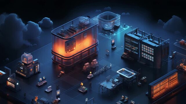 Futuristic smart factory operating with glowing data servers, computing innovation, and advanced technology in an isometric layout, showcasing efficiency and digital transformation