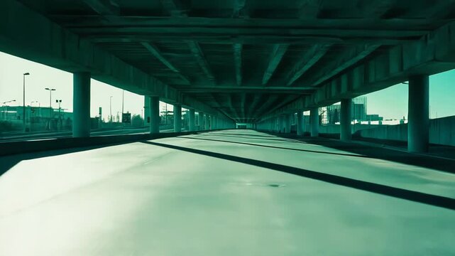 City highway underpass creating a tunnel perception with concrete infrastructure and strong geometric shadows accentuating lines and perspective on the empty road