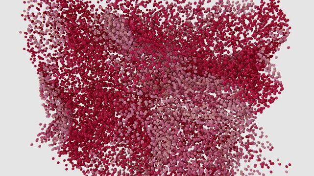 Horizontal 3D abstract particles dots spheres explosion dispersion background copyspace loop animation banner template mockup branding, dynamic red pink white bokeh glitter sparkle energy burst fluid