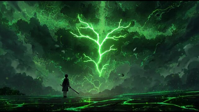 A person stands in anime style before a green lightning stormy night sky with dark clouds.