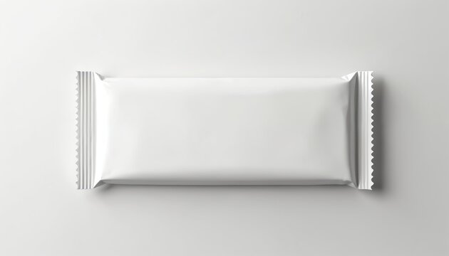 Blank white wrapper mockup for candy bar product. Packaging template on clean studio background. Food design presentation, commercial use, graphic blank.