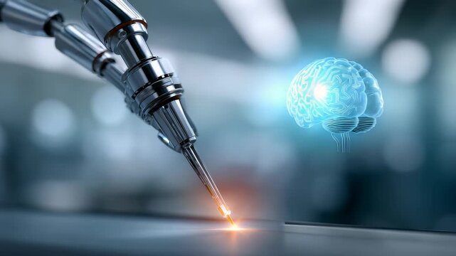 Robotic arm performing precise laser operation in a high tech laboratory, symbolizing the integration of artificial intelligence and advanced medical technology. Futuristic innovation concept