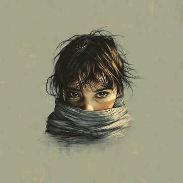 Close-up portrait of a child's eyes behind a scarf, evoking a sense of hidden identity and the silent plea of the vulnerable.