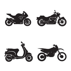 Obraz premium Motorcycle icon set with four vehicles. Includes scooter, sports bike, cruiser, and off-road bike silhouettes. Created in black vector style with white outlines.