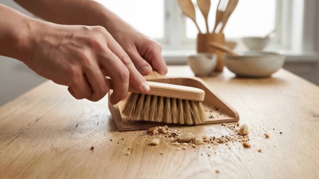 Hand sweeping bread crumbs into wooden dustpan on table, close up