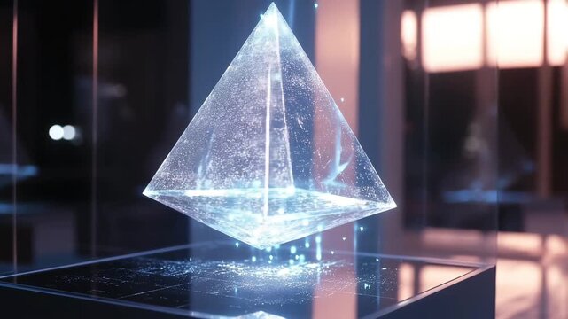 Abstract geometric pyramid displayed with futuristic digital effects