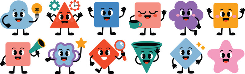 Fototapeta premium Cute Abstract Shape Character Icons Vector Set with Playful Geometric Mascots and Friendly Expressions