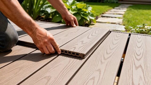 Artisan carefully aligning composite decking boards on a private garden deck focusing on sustainable materials and clean seamless finish for home relaxation space.