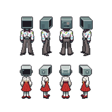 Retro pixel character sprites with television heads shown in multiple views,  game animation, cyberpunk stories, NPC roles, side view sprite sheets and futuristic interface worlds.