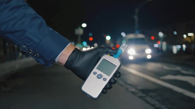 Police officer with a breathalyzer.