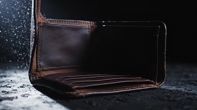 An empty brown leather wallet opens on a dark stone surface. Dramatic lighting illuminates dust particles, creating a moody atmosphere. Perfect for financial crisis or product concepts.